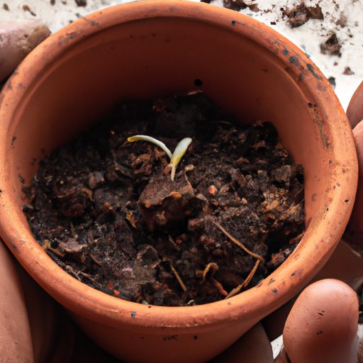 a hand holding a soil filled pot with a 512x512 95765193