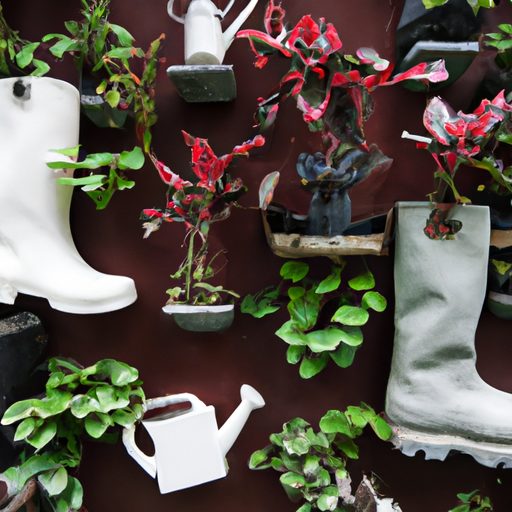 a vertical garden with teapots and boots 512x512 58894914