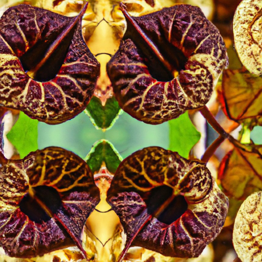 An image showcasing the intricate beauty of Aristolochia Salvadorensis, with its vibrant, trumpet-shaped flowers resembling a mesmerizing kaleidoscope of maroon, cream, and yellow, while its heart-shaped leaves cascade elegantly along a sturdy vine