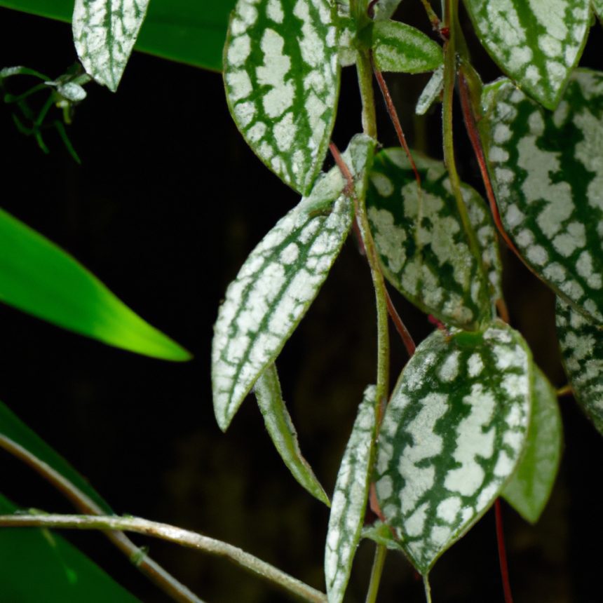 an image capturing the delicate beauty of Begonia Maculata Wightii's elongated, asymmetrical leaves adorned with silver polka dots, gracefully cascading from a hanging planter, against a backdrop of lush green foliage