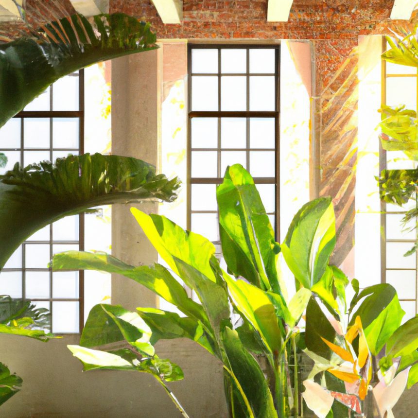 An image showcasing a lush indoor oasis in Florida, with a variety of vibrant, humidity-loving plants like Monstera, Bird of Paradise, and Peace Lily, basking in filtered sunlight pouring through tall windows