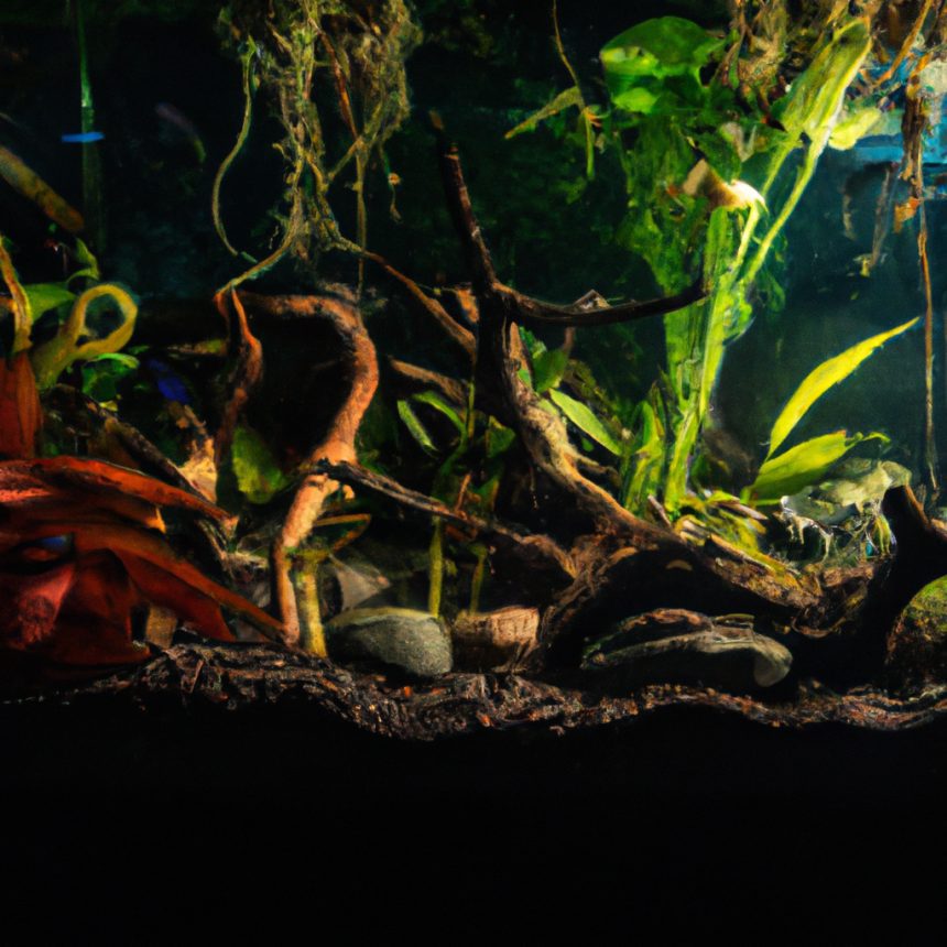 An image capturing the serene beauty of an indoor aquarium at night