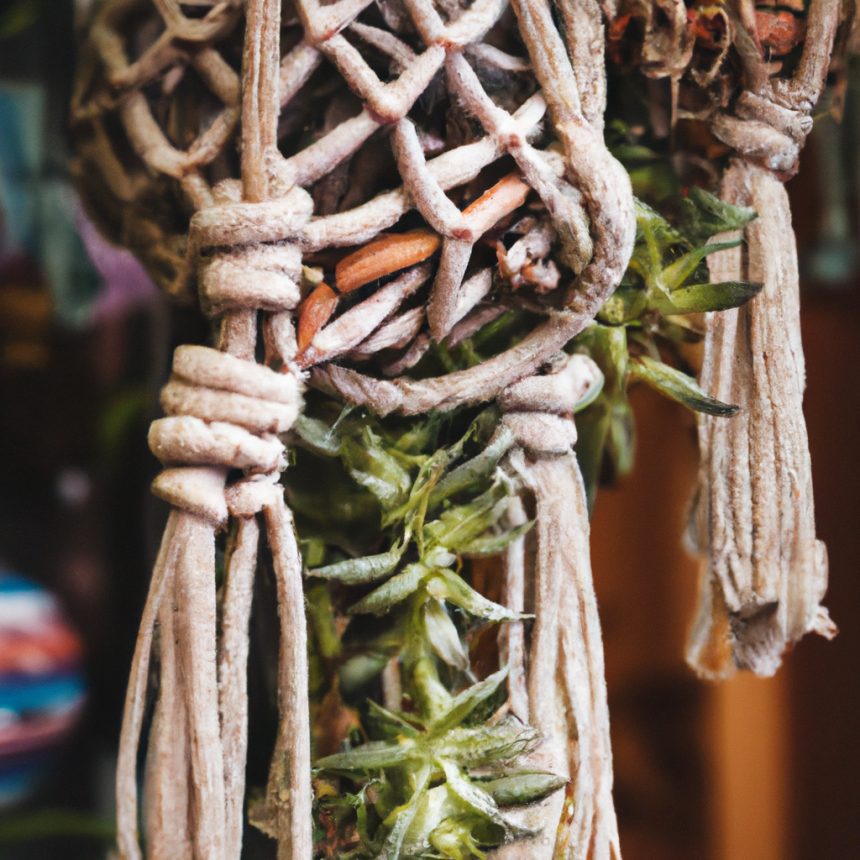 An image of a whimsical hanging macramé plant holder, adorned with vibrant succulents and trailing vines