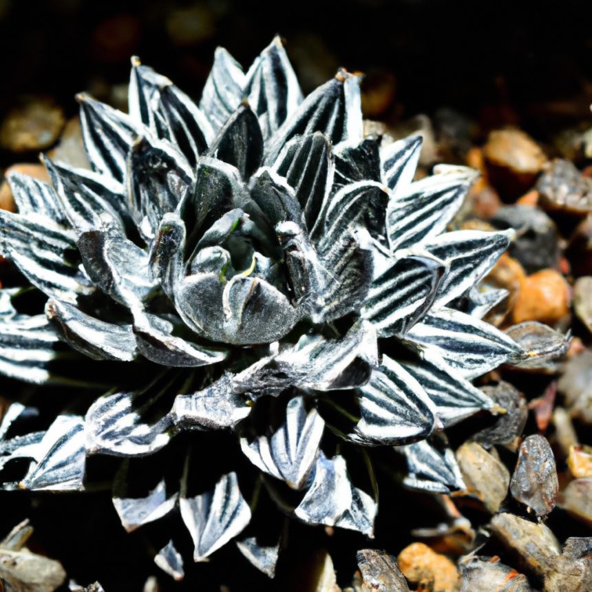 An image showcasing the intricate beauty of Haworthia Fasciata (Zebra Plant) by capturing its succulent leaves adorned with distinctive white stripes, nestled among a bed of contrasting pebbles and bathed in gentle sunlight