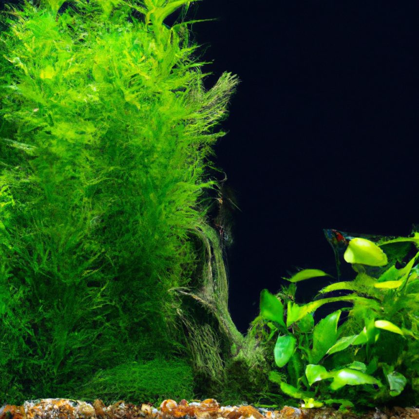 An image showcasing a tranquil aquarium scene with vibrant, lush green plants such as Anubias, Java Moss, and Amazon Sword