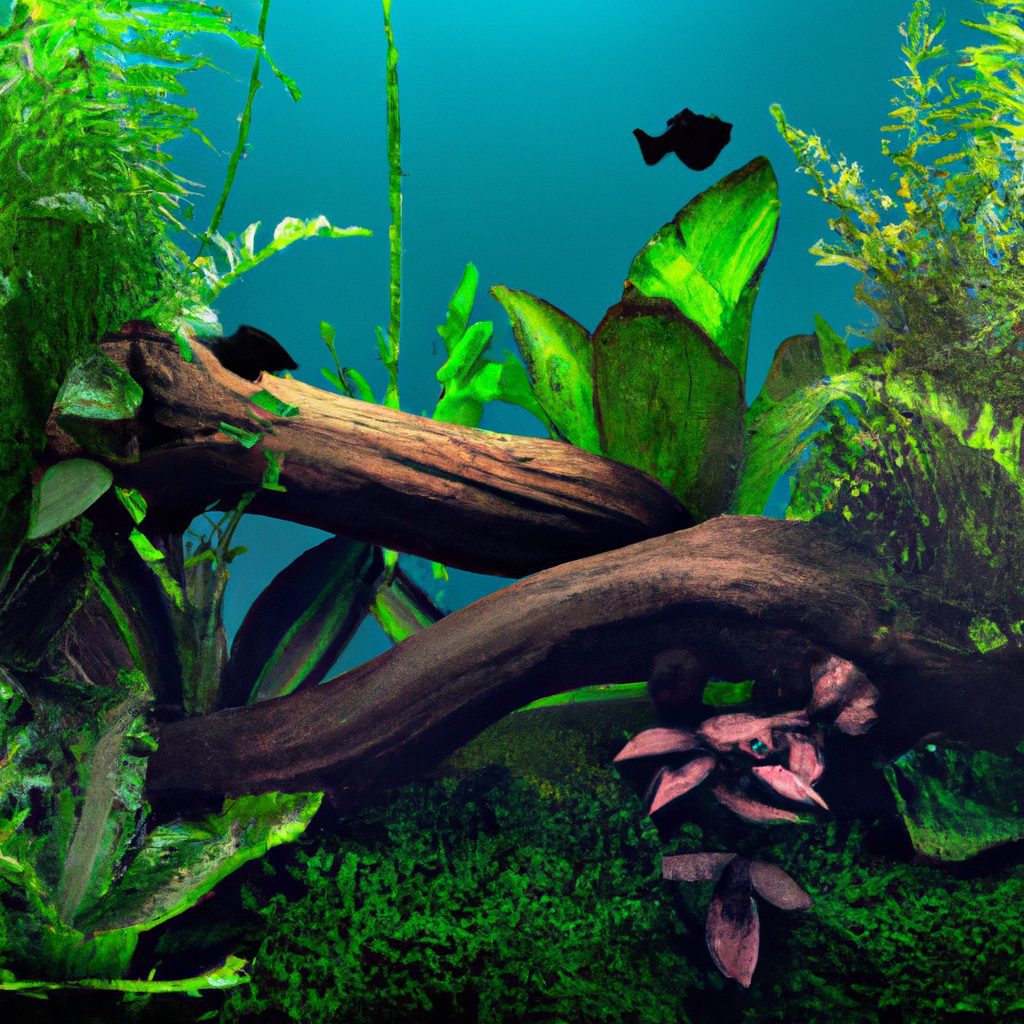 An image showcasing a lush, captivating blackwater aquarium scene