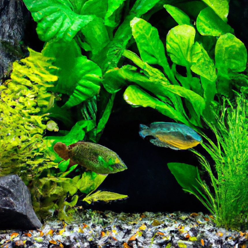 An image showcasing a lush underwater world within a cichlid tank