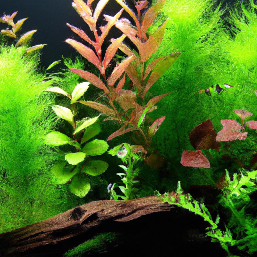 an image showcasing a lush indoor aquarium scene with vibrant green aquatic plants gracefully swaying in clay substrates