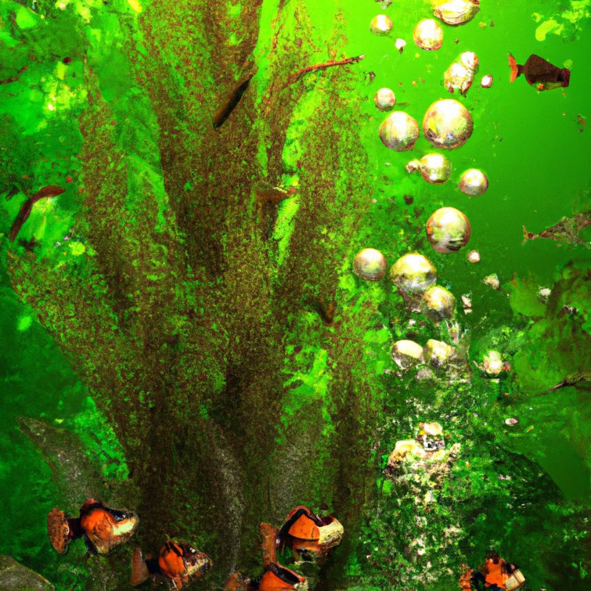An image showcasing a lush, underwater oasis filled with vibrant green aquatic plants
