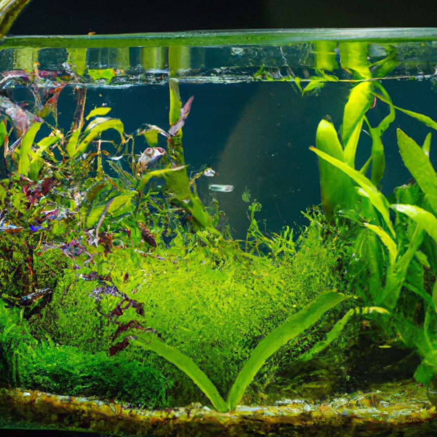 An image featuring a serene coldwater aquarium, filled with lush, vibrant indoor aquatic plants such as Java moss, Anubias, and Water Wisteria, gracefully swaying in the crystal-clear water
