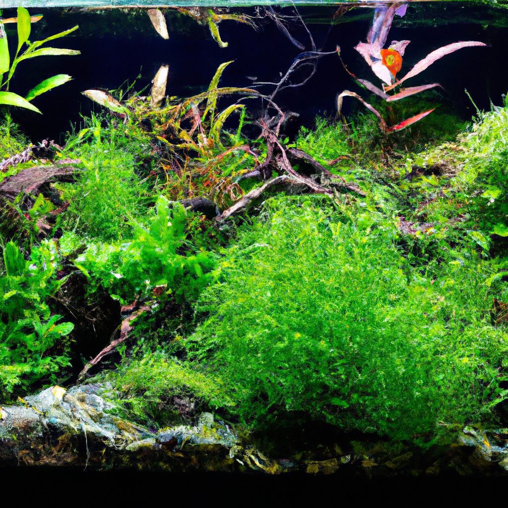 An image showcasing a vibrant indoor aquarium filled with lush, green plants specifically suited for hang-on-back filters