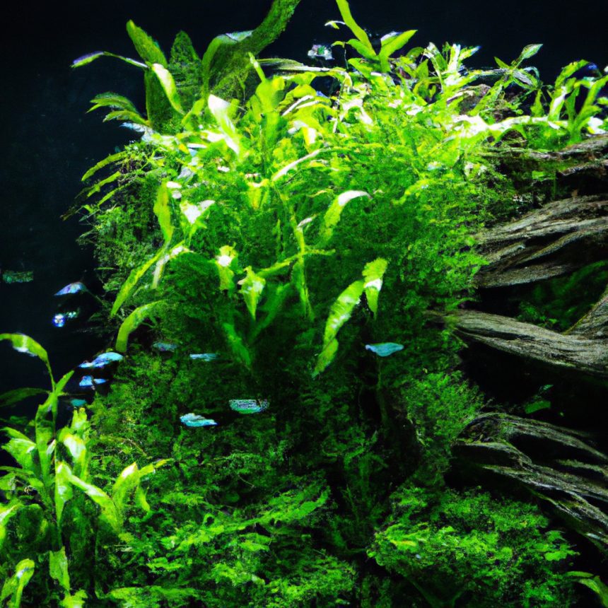 An image showcasing a vibrant indoor aquarium filled with lush, emerald-green plants that thrive in hard water conditions