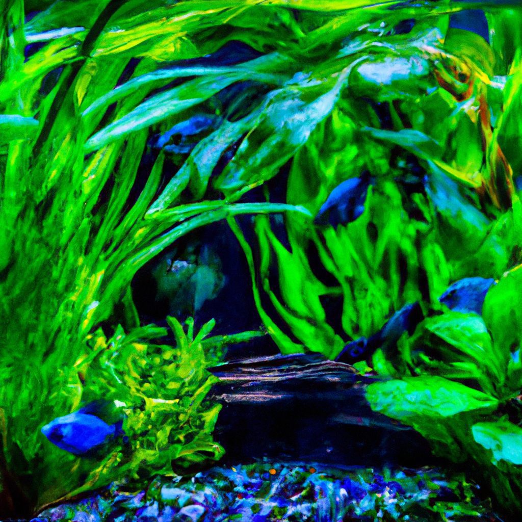 An image showcasing a vibrant underwater scene in an aquarium filled with lush green aquatic plants, beautifully contrasting against a hob filter's cascading water flow, while tiny fish swim amidst the foliage