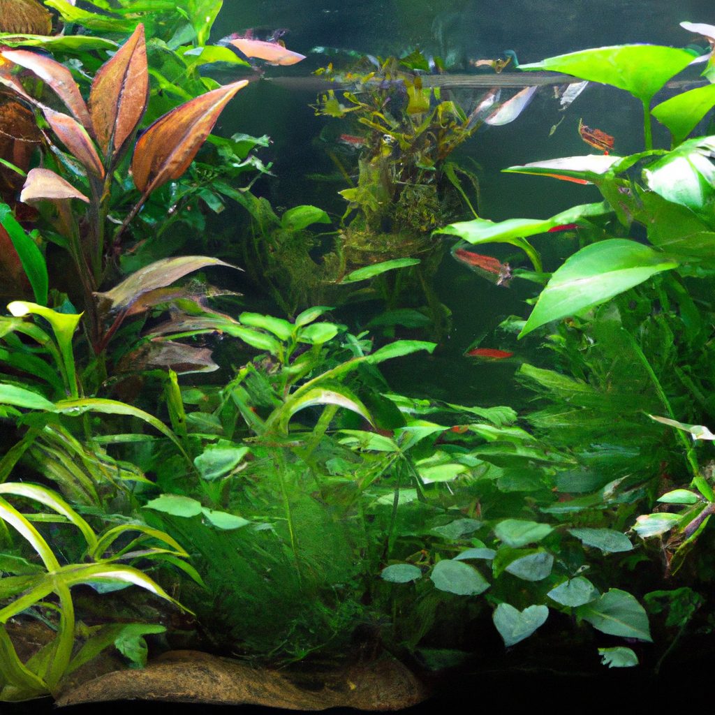 An image showcasing a lush, vibrant indoor aquarium teeming with aquatic plants like Anubias, Java Ferns, and Amazon Swords