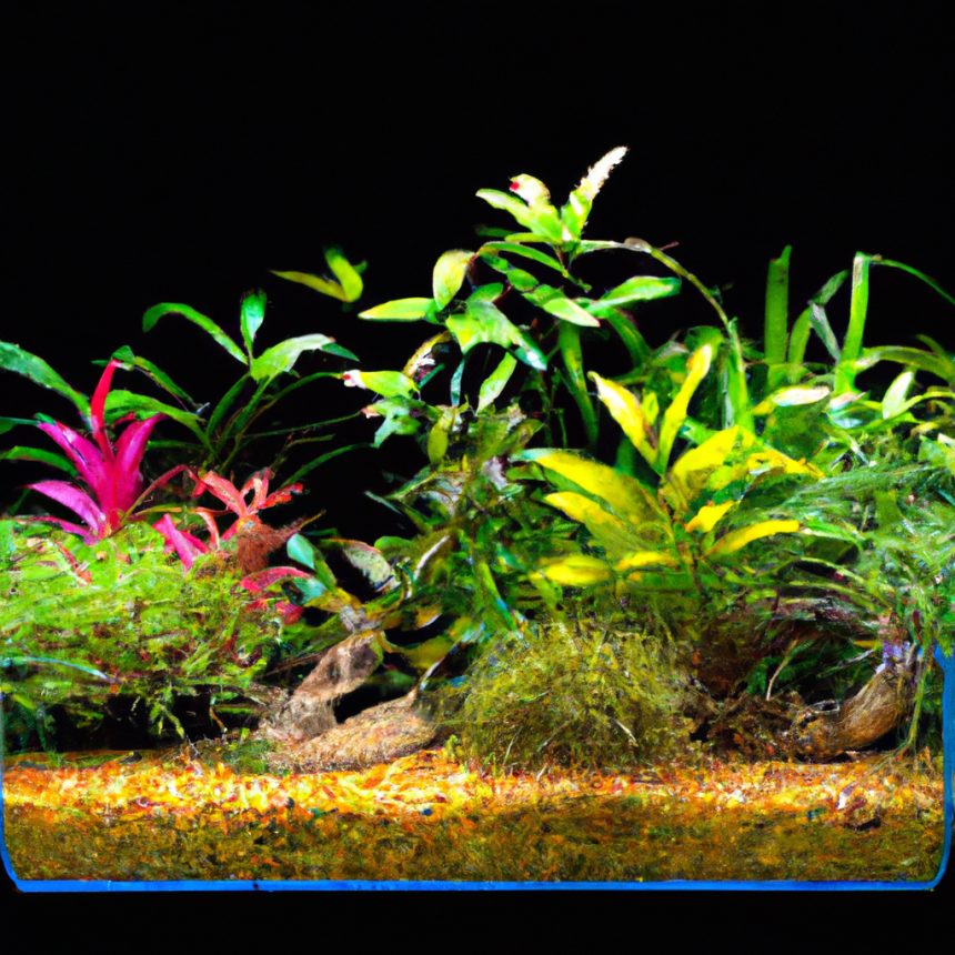 An image that showcases a lush indoor aquarium filled with vibrant aquatic plants rooted in nutrient-rich potting soil substrates