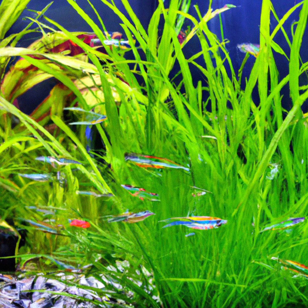An image showcasing a lush indoor aquarium with a vibrant carpet of dwarf hairgrass, surrounded by tall, swaying stems of Amazon sword plants