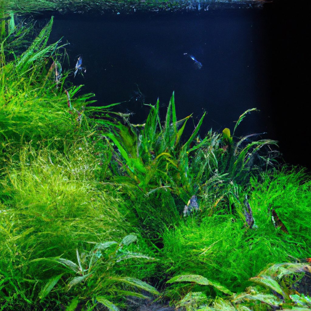An image showcasing a lush indoor aquarium filled with vibrant green aquatic plants, gracefully swaying in crystal-clear water