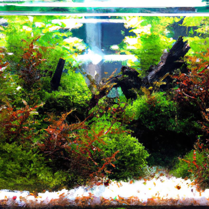 An image showcasing a miniature underwater paradise: a compact glass tank brimming with lush, vibrant aquatic plants