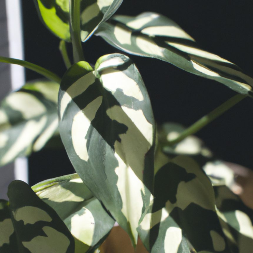 An image capturing the delicate beauty of an indoor plant with lush green leaves adorned by intricate white patterns, basking in the soft glow of sunlight filtering through a nearby window