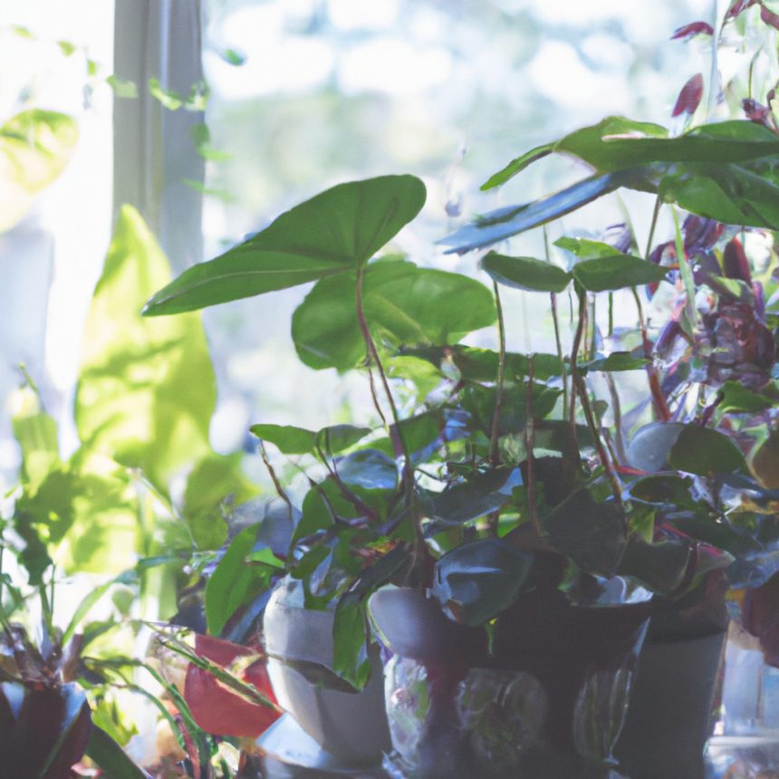 An image showcasing a lush, vibrant indoor space with sunlight filtering through a large window, illuminating a variety of thriving green plants strategically placed in dark corners, breathing life into the room