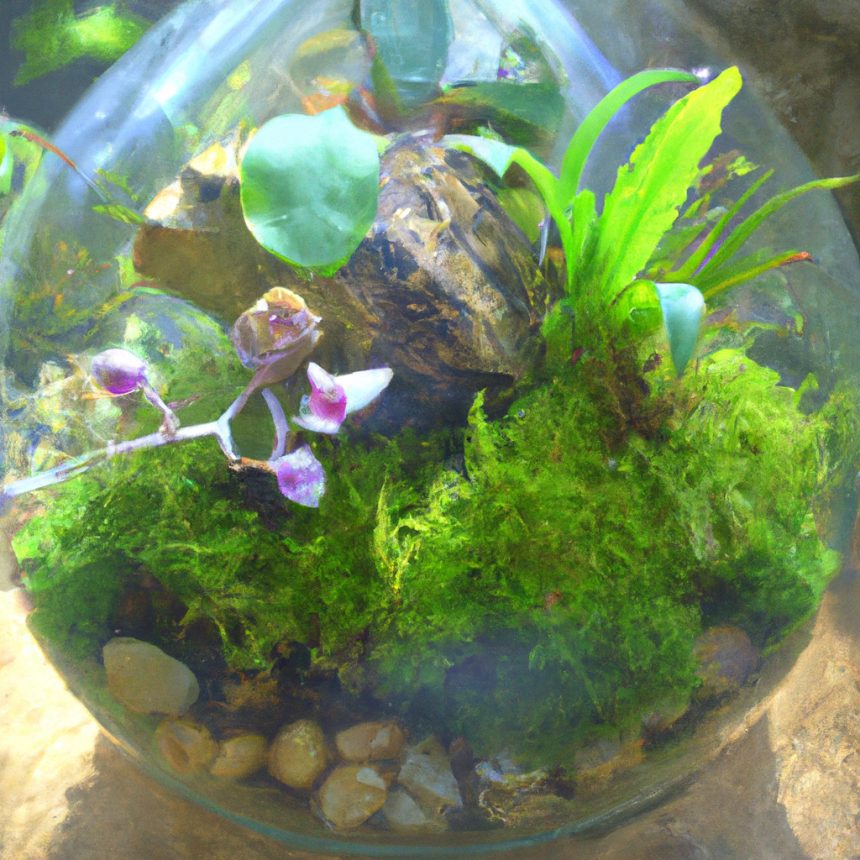 An image showcasing a lush, miniature world inside a glass terrarium