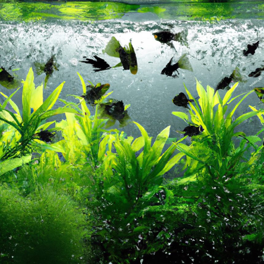 An image showcasing a lush indoor aquarium teeming with vibrant green aquatic plants