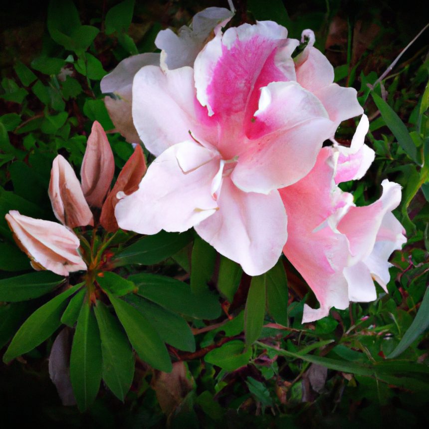 An image showcasing the vibrant, funnel-shaped flowers of the Rhododendron Indicum, their delicate shades of pink, white, and red contrasting beautifully against glossy, dark green leaves