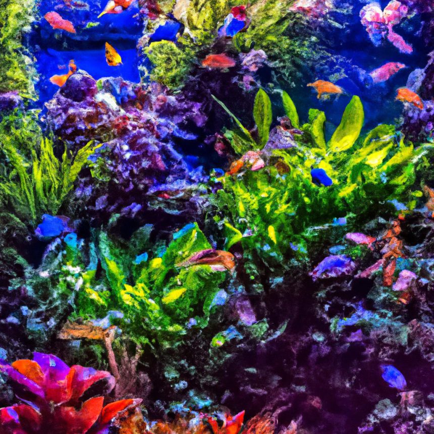 An image showcasing a lush, vibrant saltwater aquarium teeming with a diverse array of exotic plants