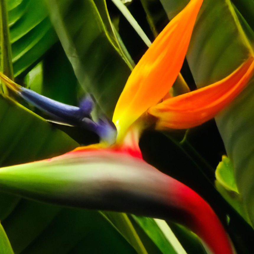 An image capturing the majestic Strelitzia Nicolai, also known as the Giant Bird of Paradise, with its towering stem adorned by lush vibrant leaves, while its striking orange and blue flower blossoms elegantly in the foreground