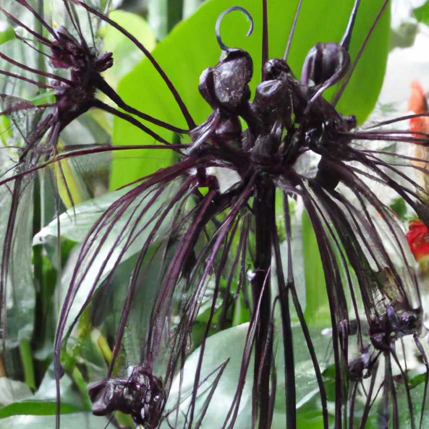 an image capturing the mesmerizing beauty of Tacca Chantrieri, showcasing its striking black flowers with long, delicate tendrils gracefully arching in the air, surrounded by lush green foliage