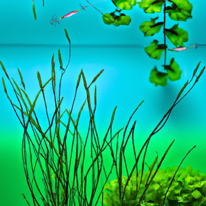 An image showcasing an indoor tank with lush, towering background plants
