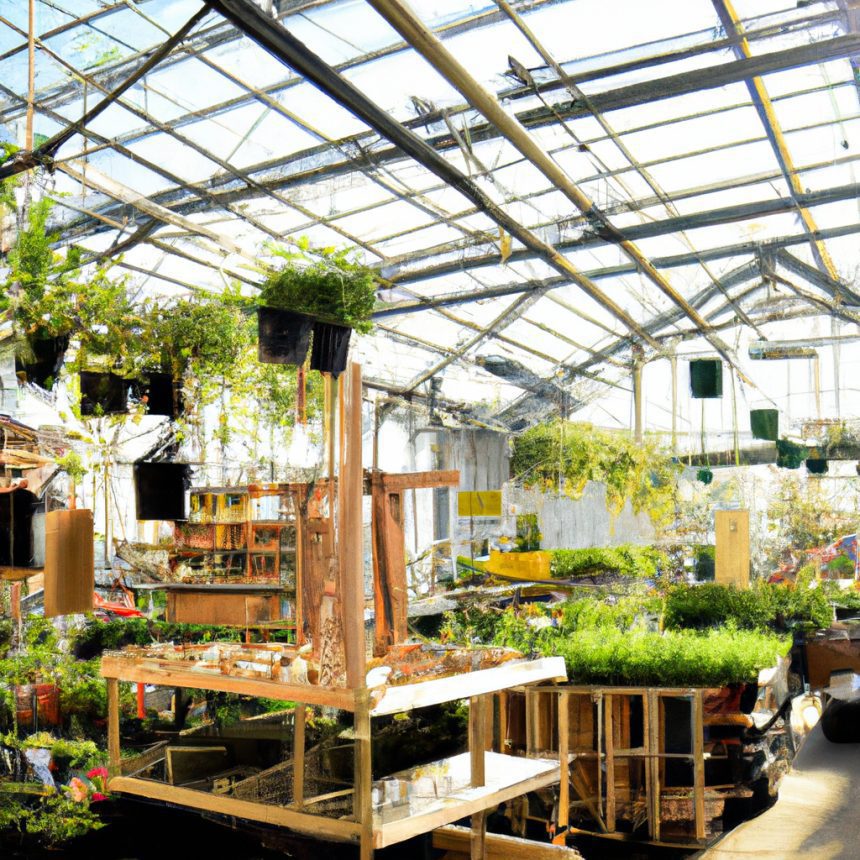 An image showcasing a bustling plant nursery, teeming with diverse flora