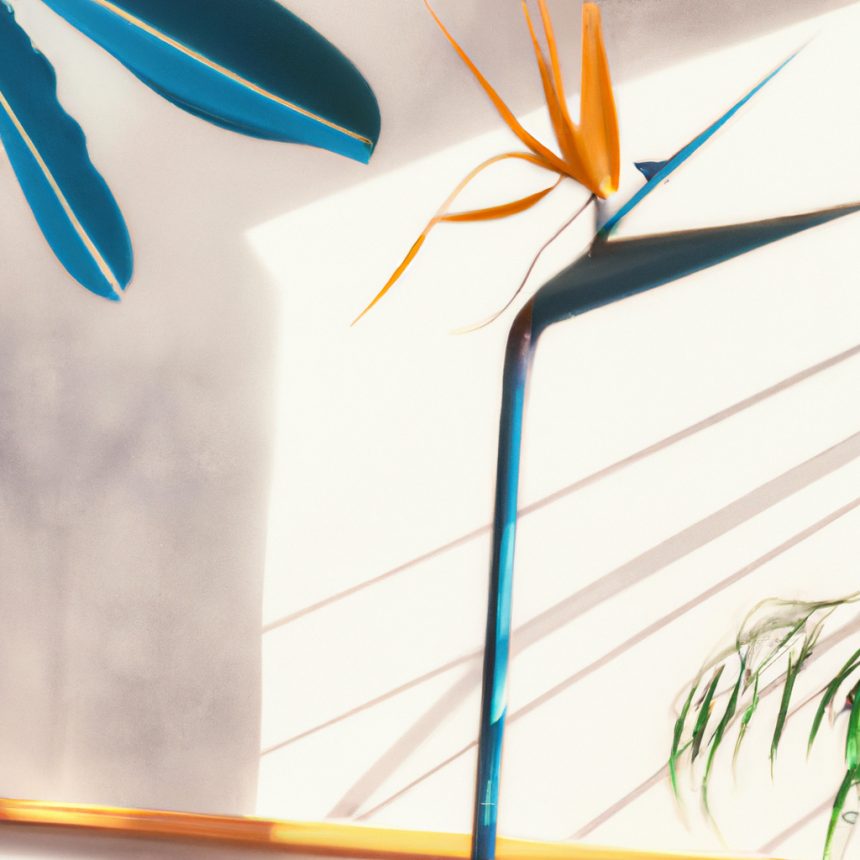 An image showcasing a lush indoor oasis, with a solitary, vibrant Bird of Paradise standing tall, casting its long shadows on a wall adorned with delicate hanging String of Pearls and Monstera leaves