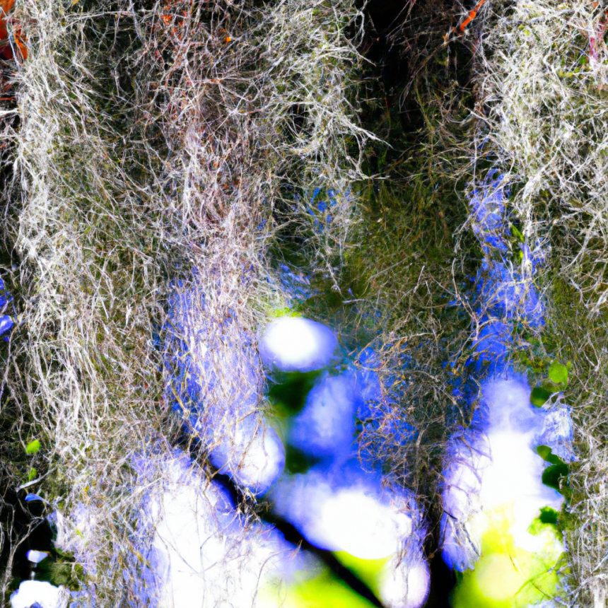 An image that captures the ethereal beauty of Tillandsia Usneoides, with delicate strands of Spanish moss suspended from tree branches against a backdrop of vibrant green foliage