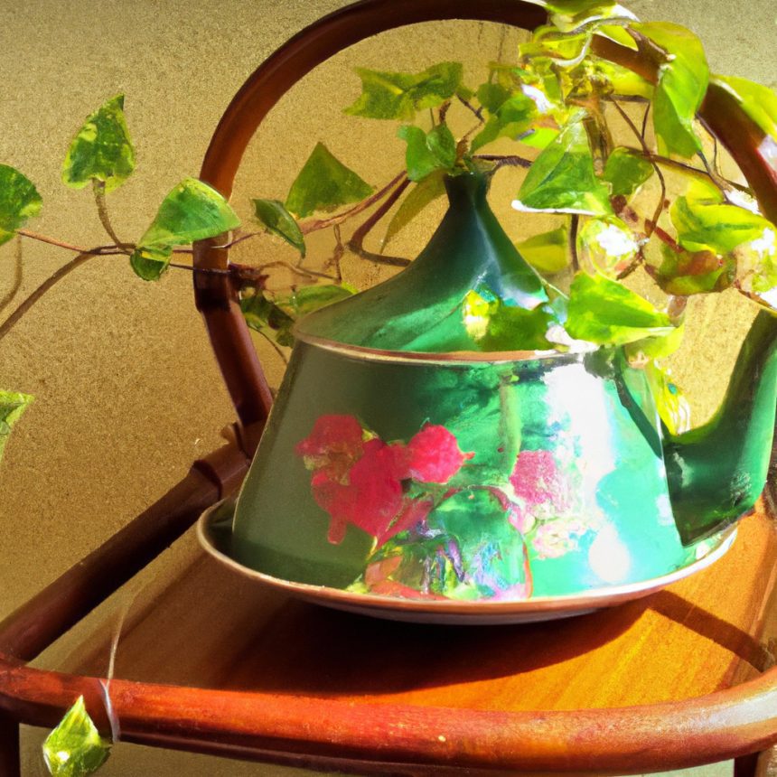 An image showcasing a vibrant indoor plant pot project: a vintage teapot transformed into a whimsical planter, adorned with cascading ivy