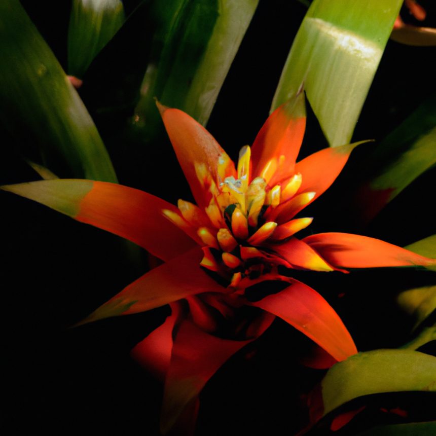 the vibrant essence of Vriesea Mandarina: A fiery burst of tangerine-colored leaves adorned with whimsical green stripes, gracefully unfurling from a central rosette to create a stunning botanical masterpiece