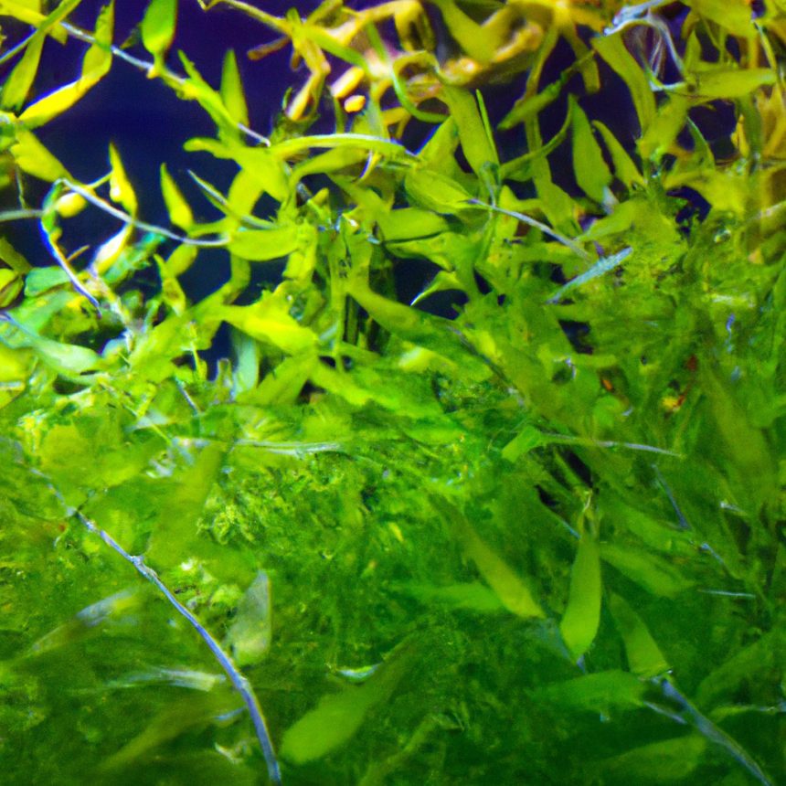 An image of a vibrant underwater world, with lush green Water Sprite Aquarium Plants swaying gently in crystal-clear water, their delicate leaves glimmering in the dappled sunlight filtering through the surface