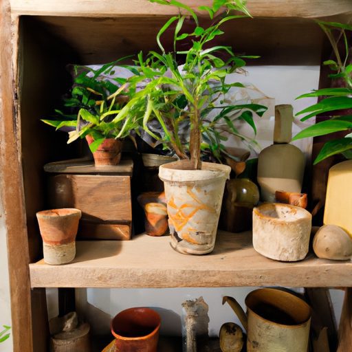 weathered pots with plants on wooden she 512x512 68220777