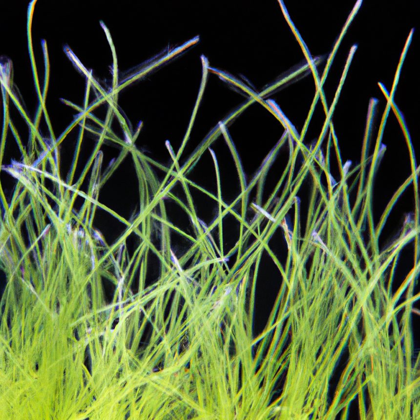 An image capturing the delicate beauty of a lush carpet of Dwarf Hairgrass (Eleocharis Parvula), its slender emerald blades gently swaying in a crystal-clear aquarium, providing a mesmerizing foreground for aquatic life