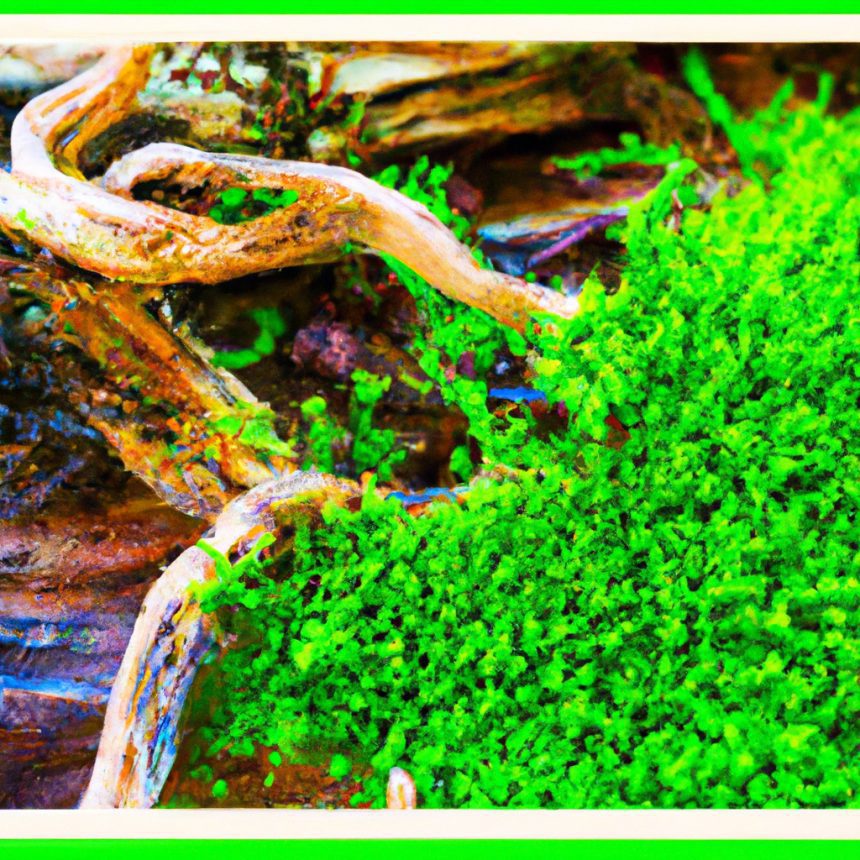 An image capturing the lush emerald green tendrils of Java Moss as they delicately drape over driftwood, forming a verdant carpet