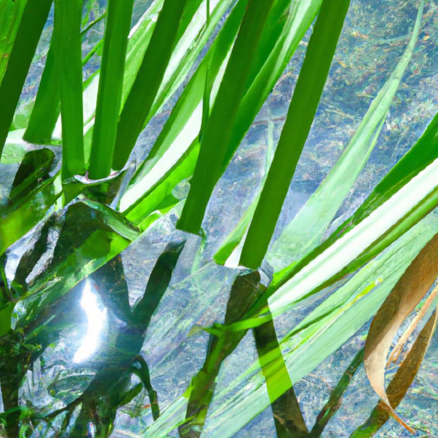 An image that showcases the graceful, long, and thin leaves of Vallisneria plants gracefully swaying in crystal clear water, with sunlight filtering through, highlighting their vibrant green color and delicate texture